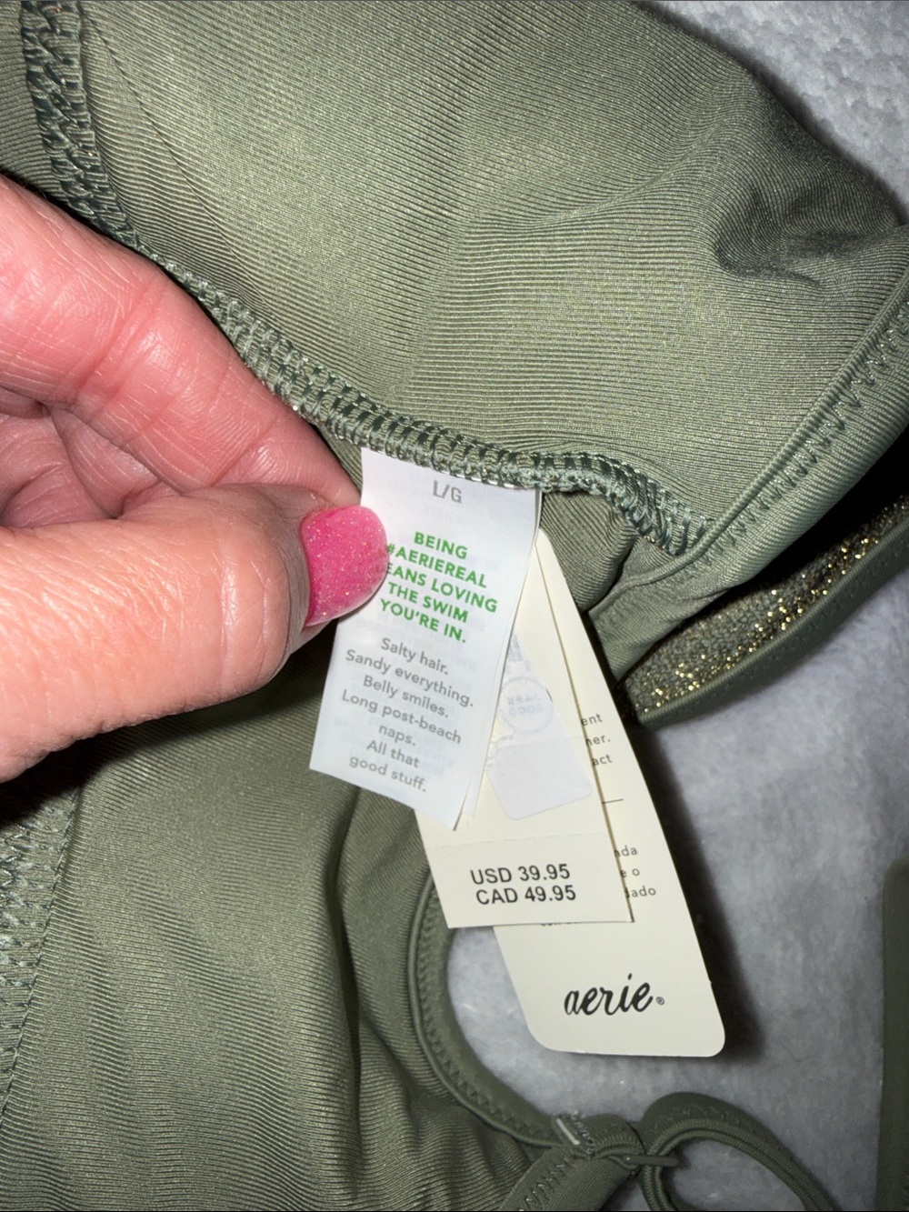 aerie Olive Shimmer Adjustable-Strap Swim Sports Bra - Picture 3 of 3